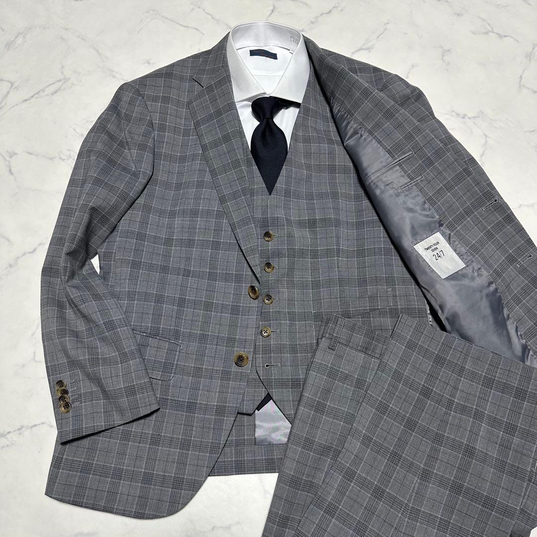 美品　24/7 3ピーススーツ　チェック　グレー　リバーシブルベスト　AB4