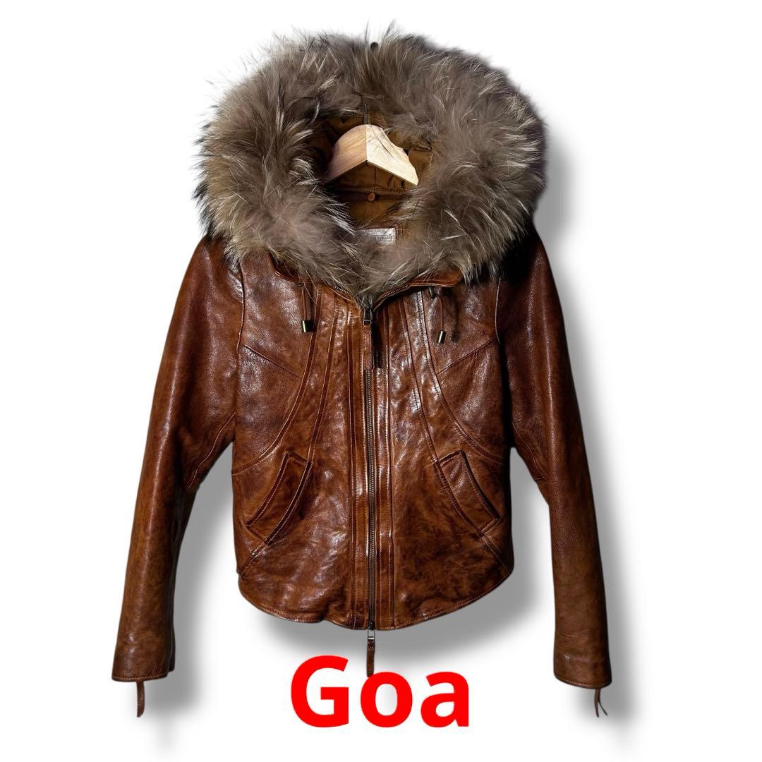 Goa 襟ファー　フード付きラムレザーシングルライダースジャケット　Y2K