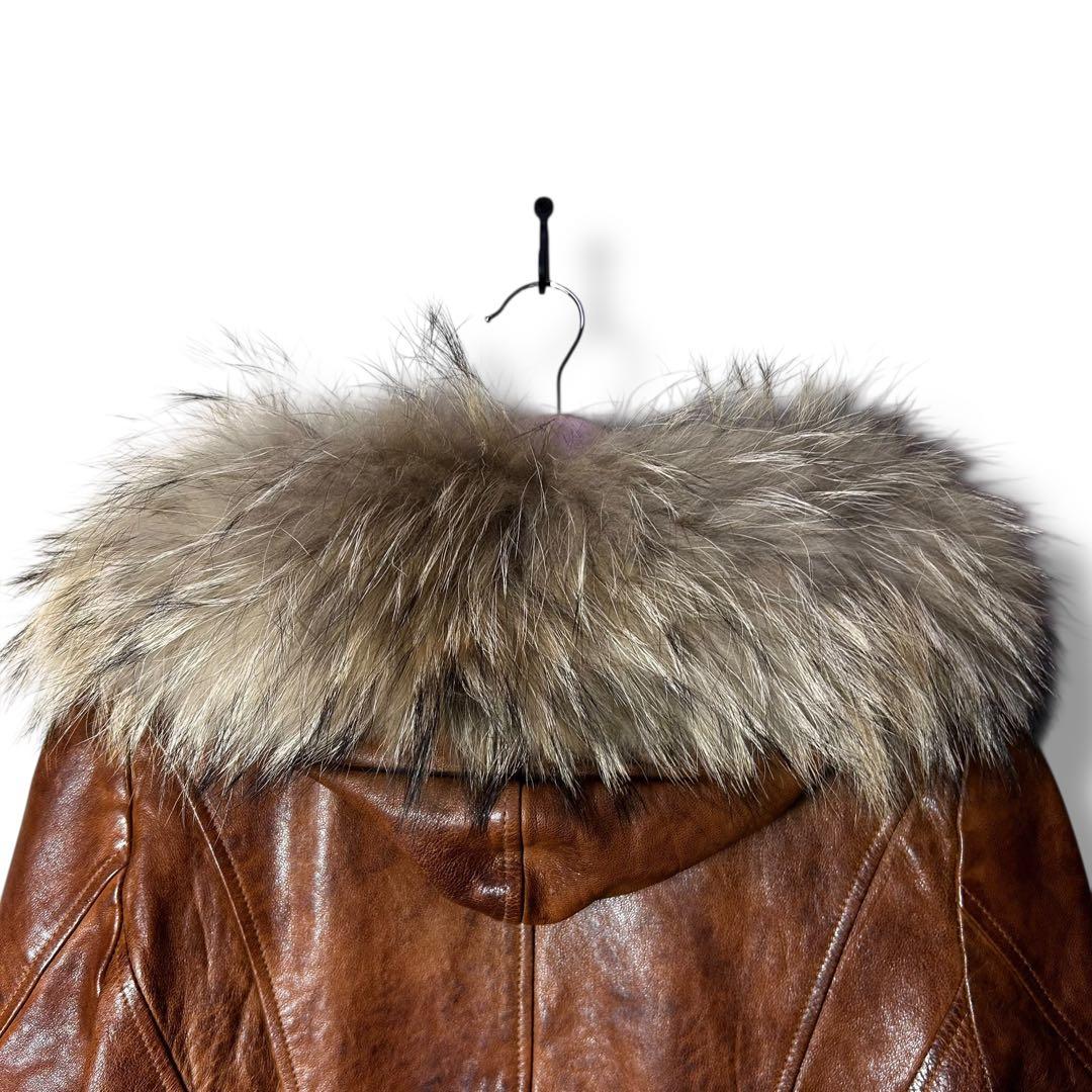 Goa 襟ファー　フード付きラムレザーシングルライダースジャケット　Y2K