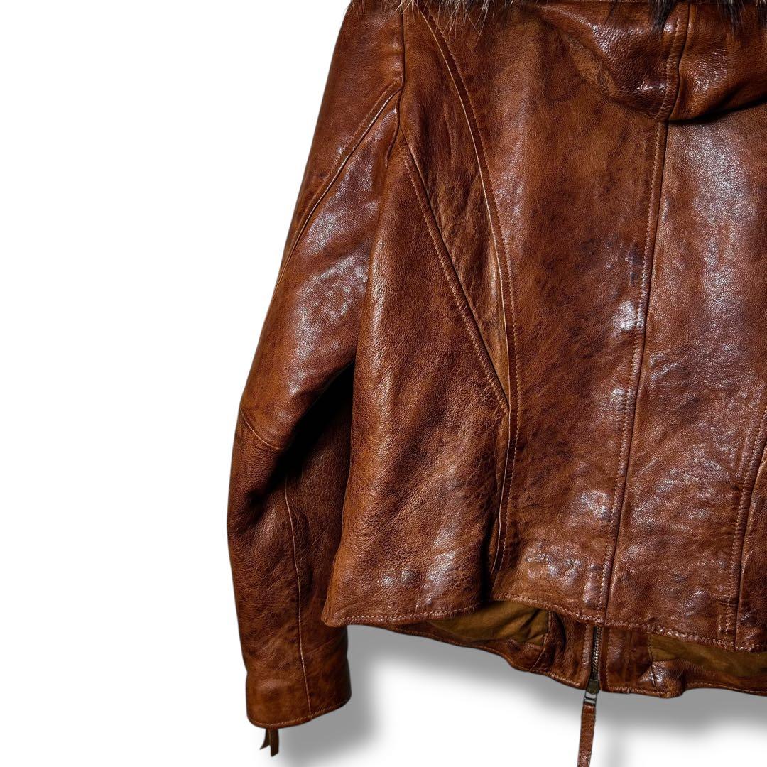 Goa 襟ファー　フード付きラムレザーシングルライダースジャケット　Y2K