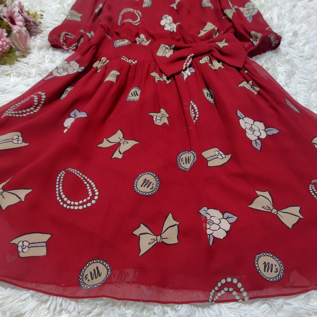 【極美品♡希少40】エムズグレイシー　アイコン柄シフォンリボンフレアワンピース