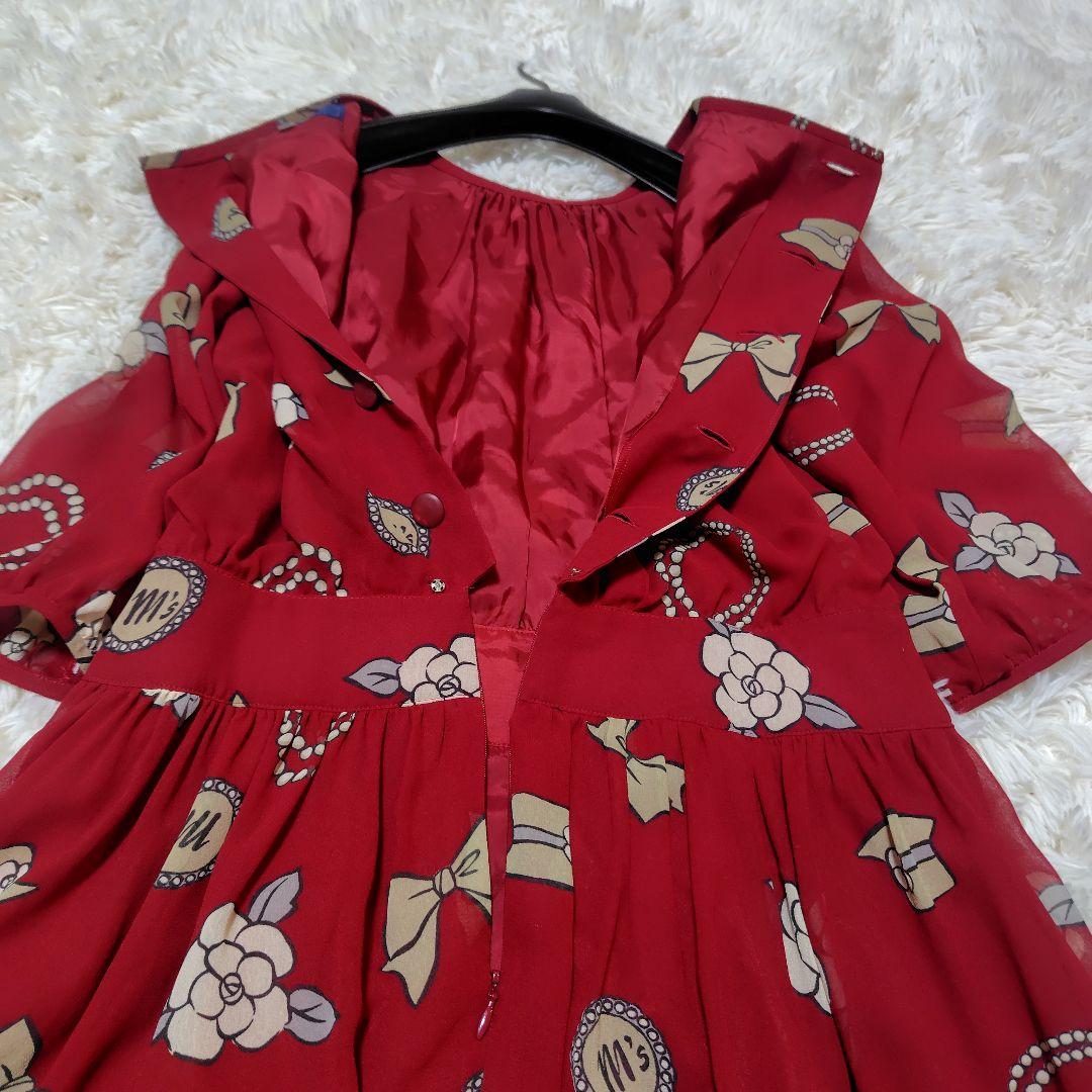 【極美品♡希少40】エムズグレイシー　アイコン柄シフォンリボンフレアワンピース