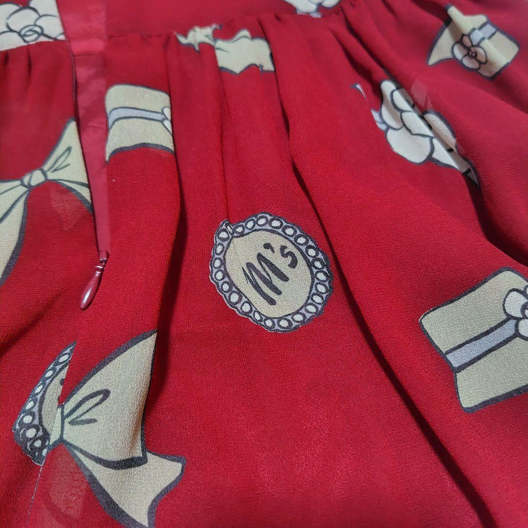 【極美品♡希少40】エムズグレイシー　アイコン柄シフォンリボンフレアワンピース
