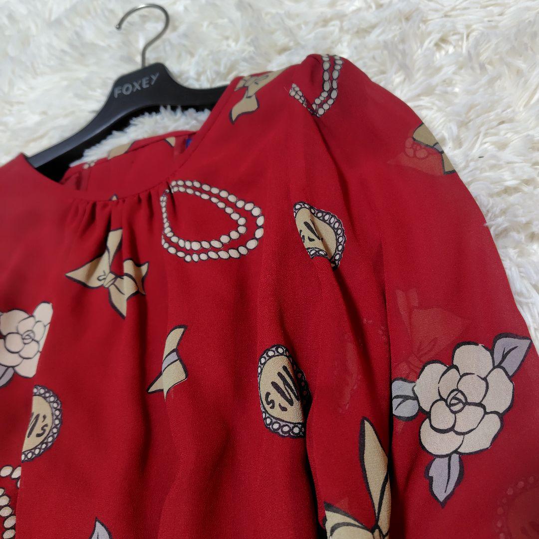 【極美品♡希少40】エムズグレイシー　アイコン柄シフォンリボンフレアワンピース