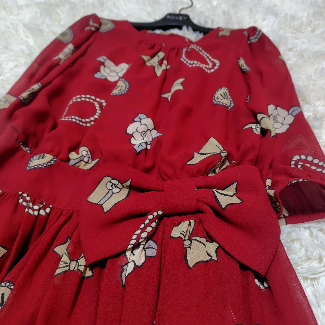 【極美品♡希少40】エムズグレイシー　アイコン柄シフォンリボンフレアワンピース