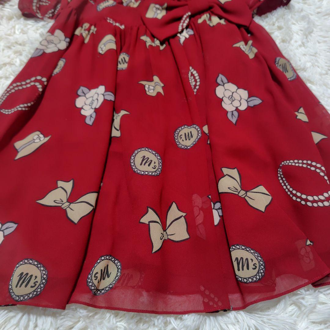 【極美品♡希少40】エムズグレイシー　アイコン柄シフォンリボンフレアワンピース