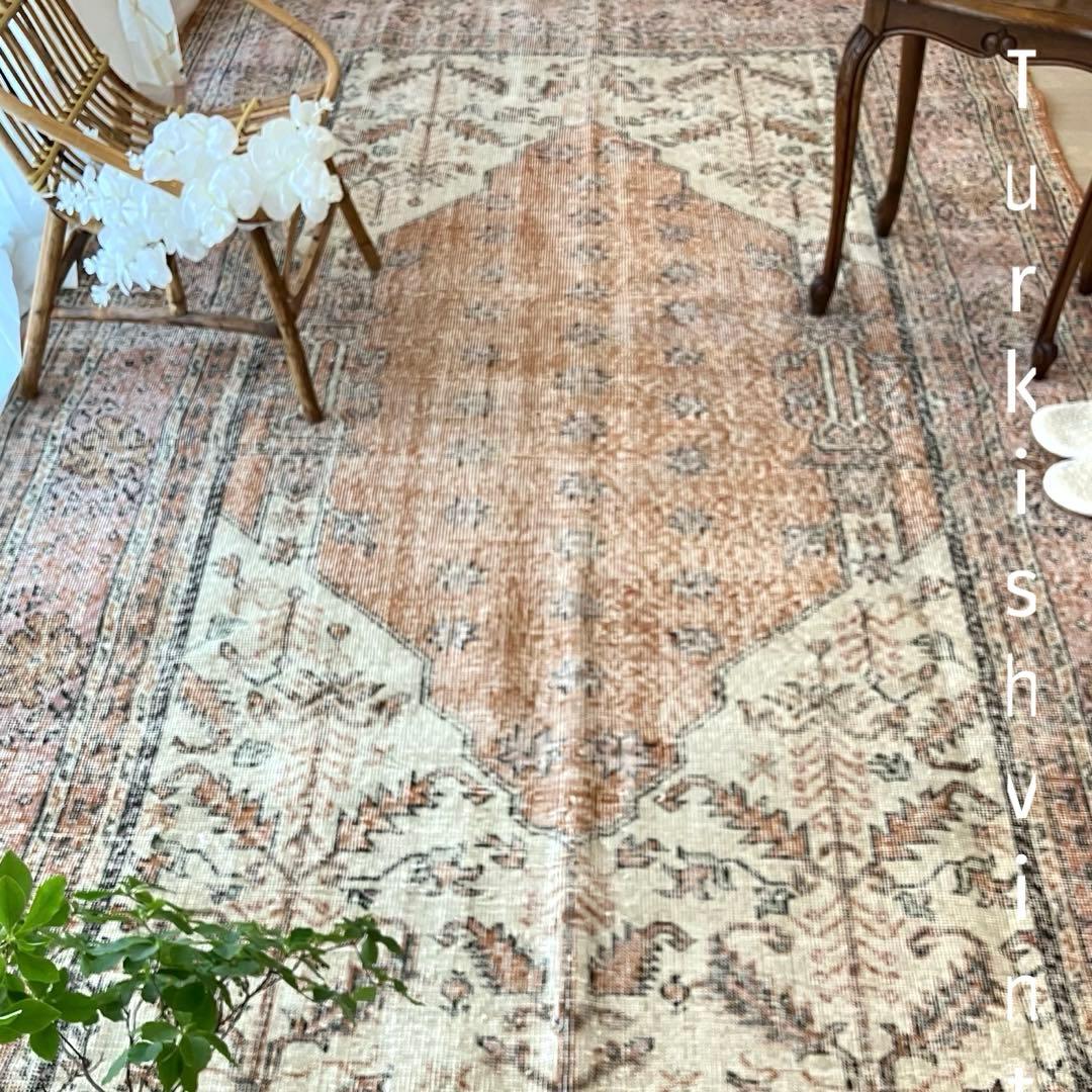 超大判157×269品メダリオン　コーラルピンク　ミルク　トルコヴィンテージラグ