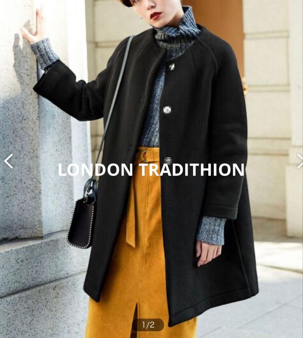 ロンドントラディション　ノーカラーウールコート　黒✖️チェック　再お値下げ