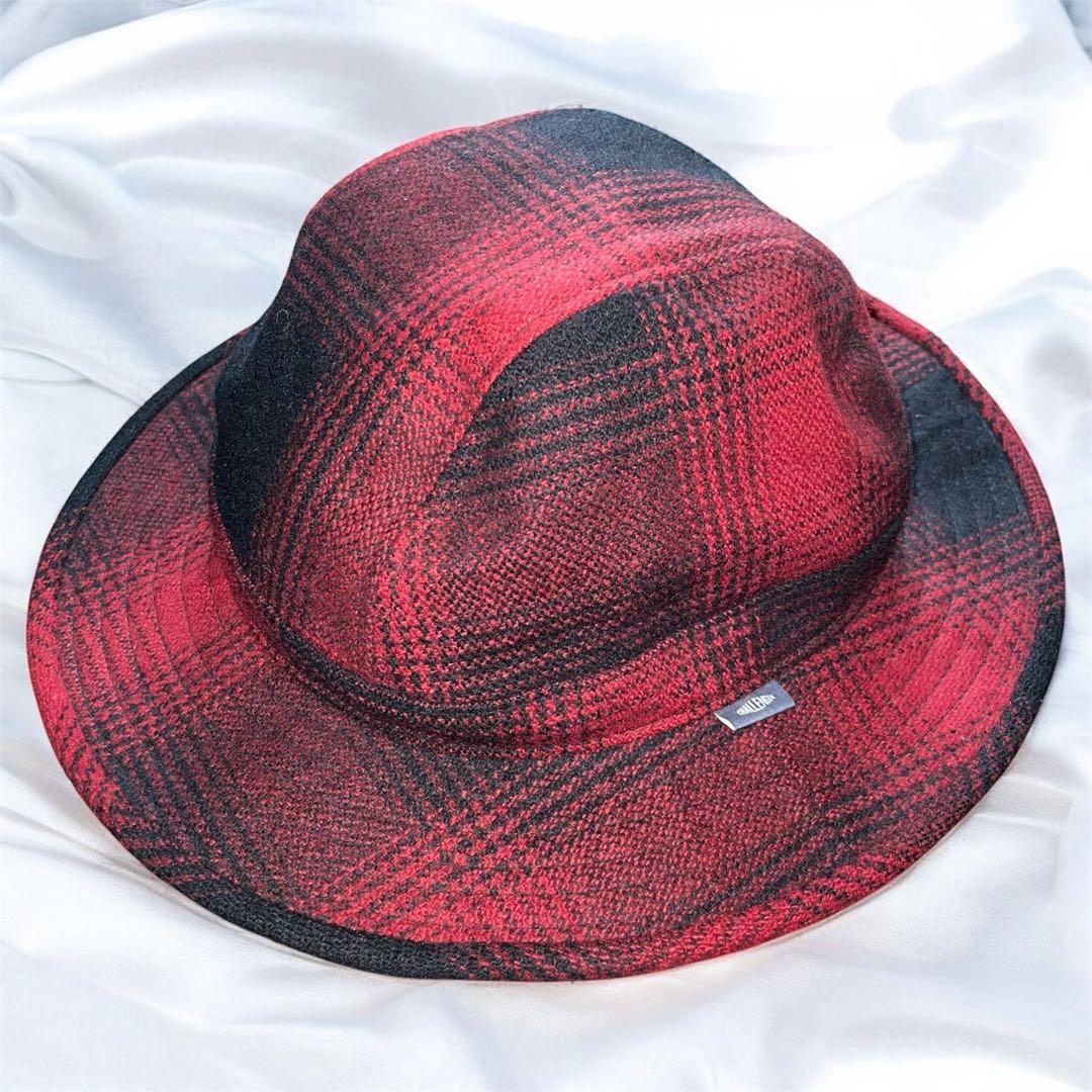 美品 長瀬着用 同型色違い チャレンジャー オンブレチェック ハット ウール 赤
