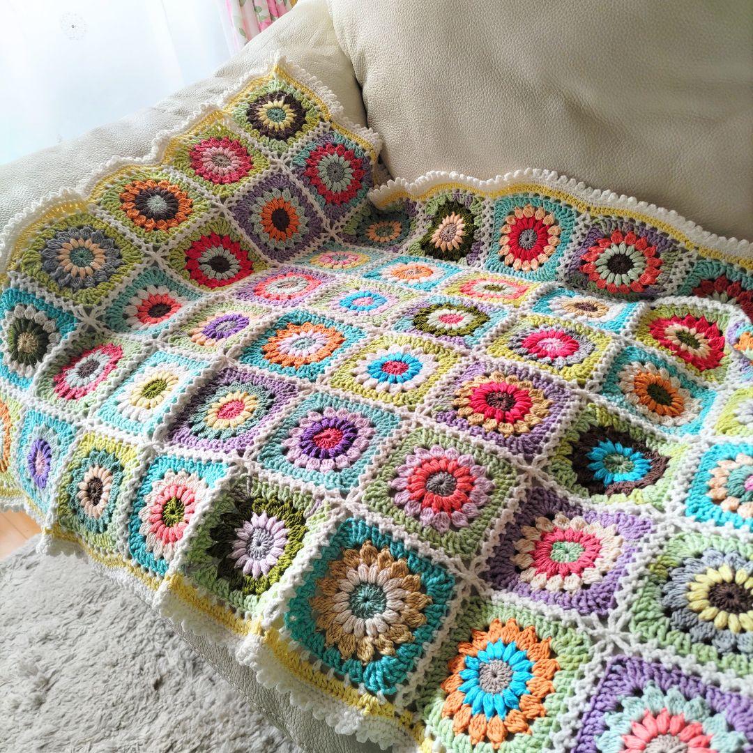 手編みブランケット★コットン★カラフル★おひさまグラニースクエア