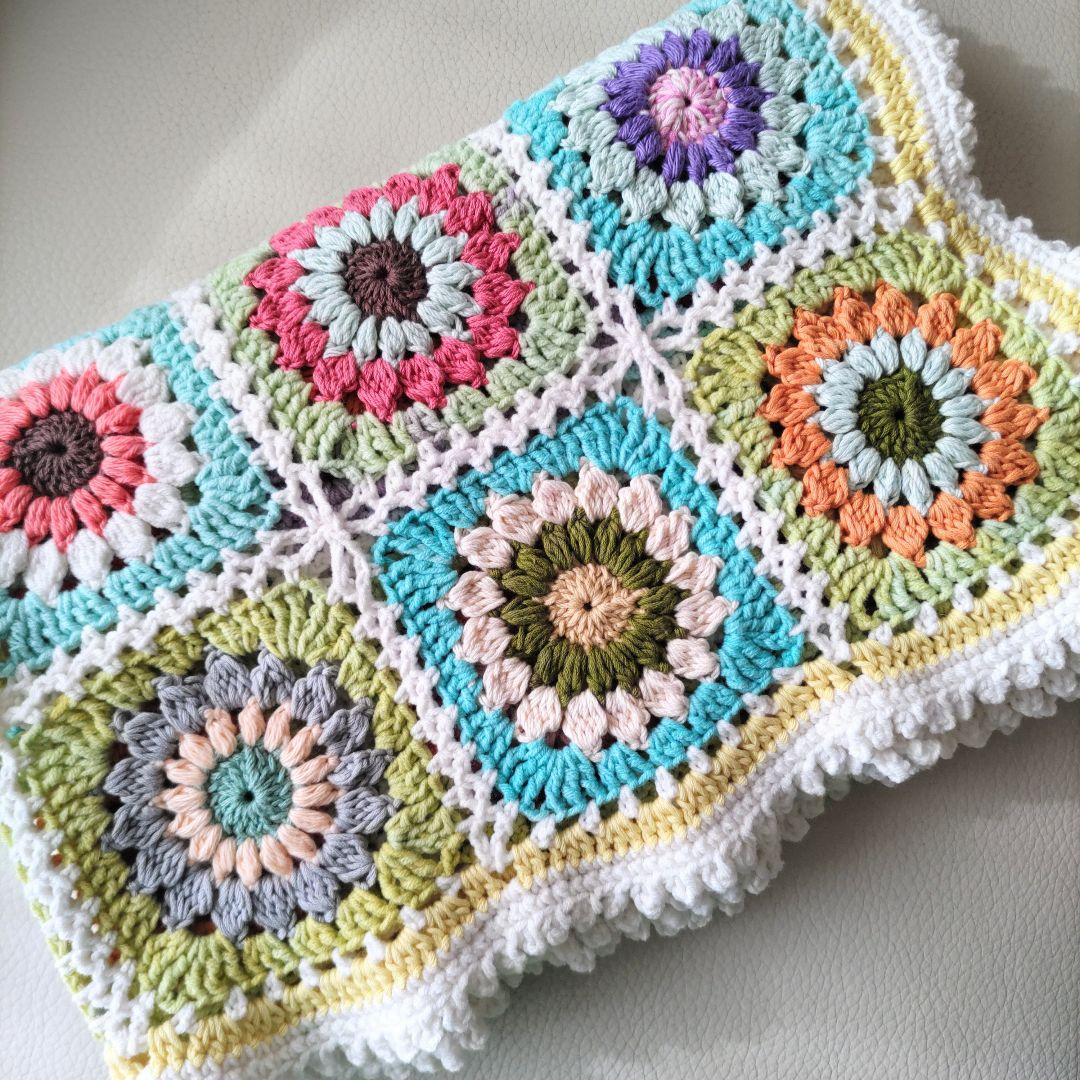 手編みブランケット★コットン★カラフル★おひさまグラニースクエア