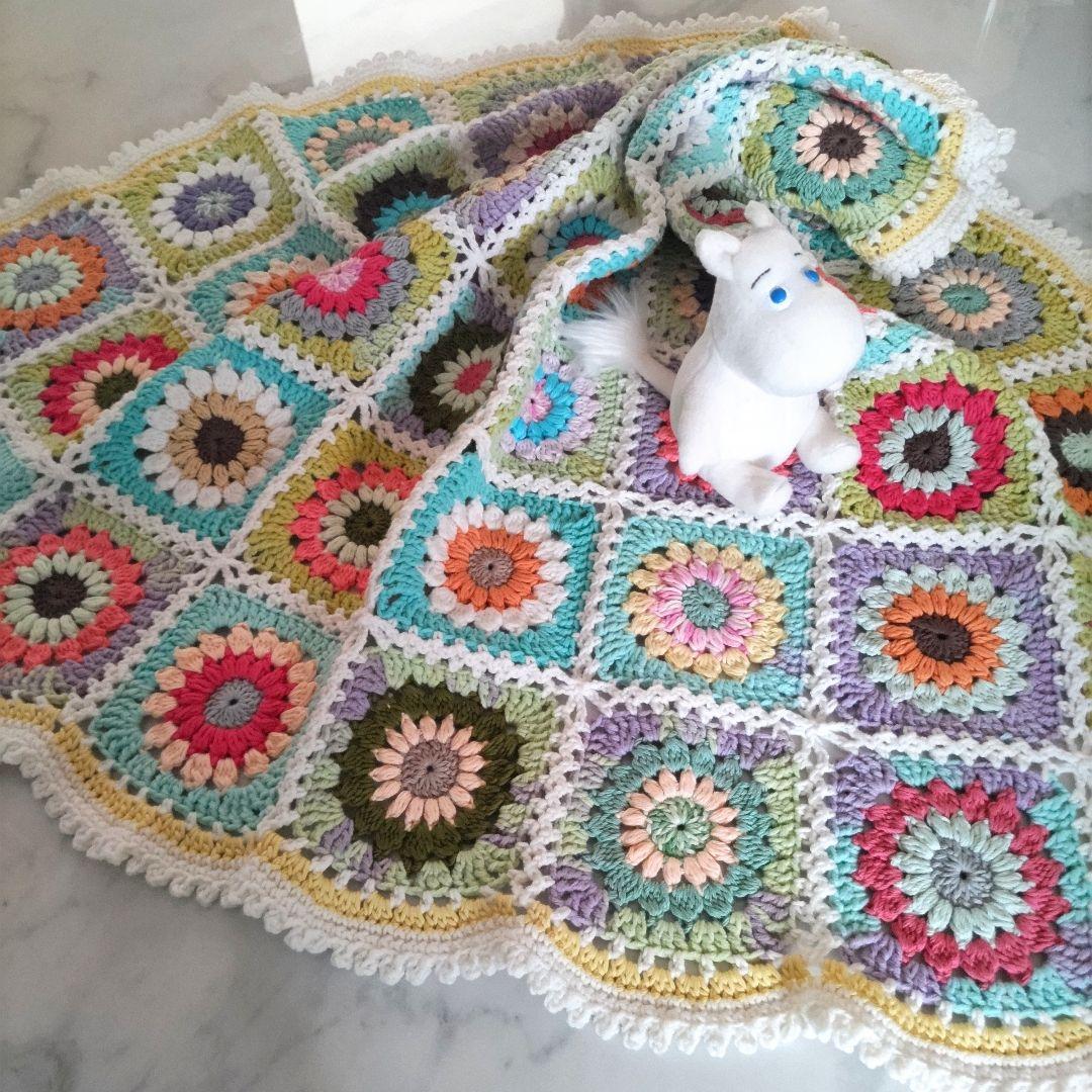 手編みブランケット★コットン★カラフル★おひさまグラニースクエア