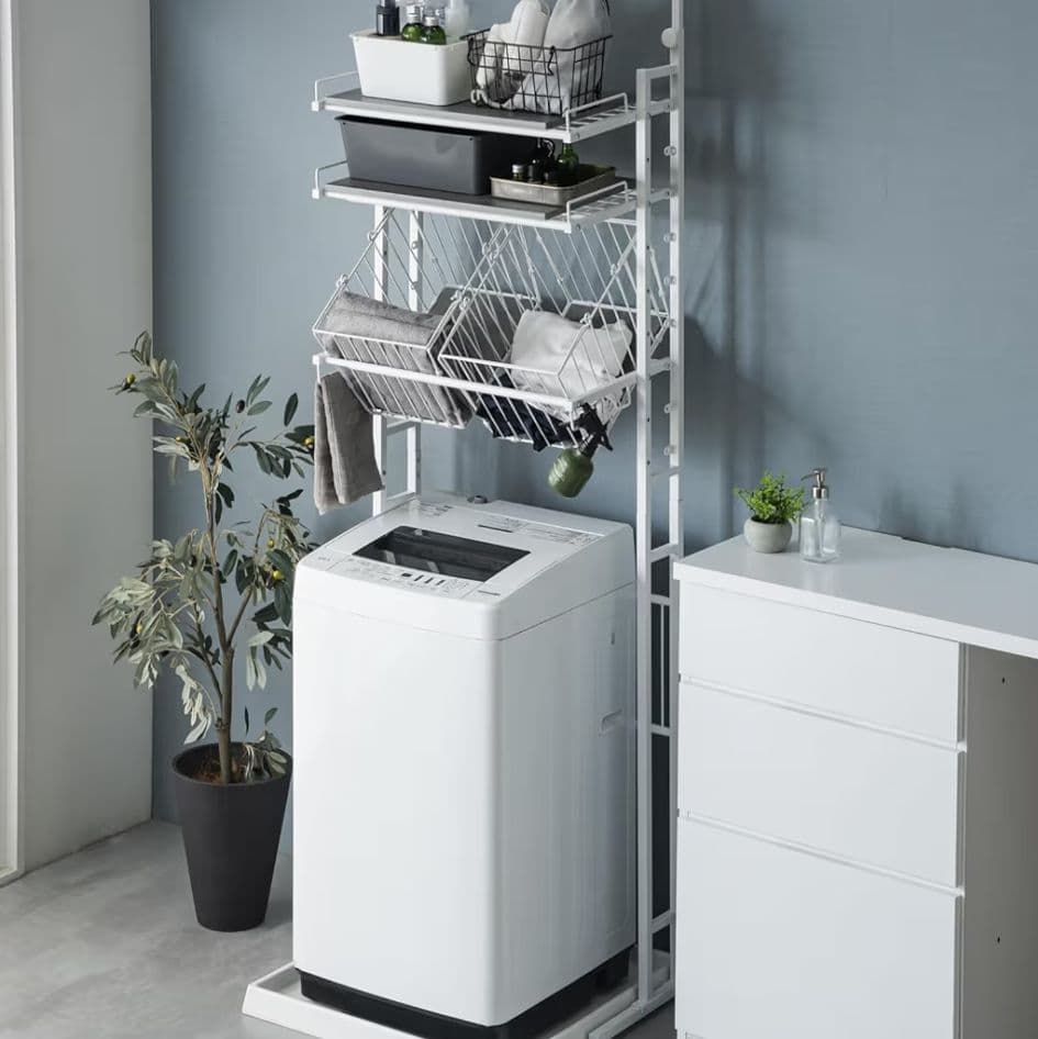 タンスのゲン 洗濯機ラック ストーングレー 9段調整 バスケット付 収納棚付式