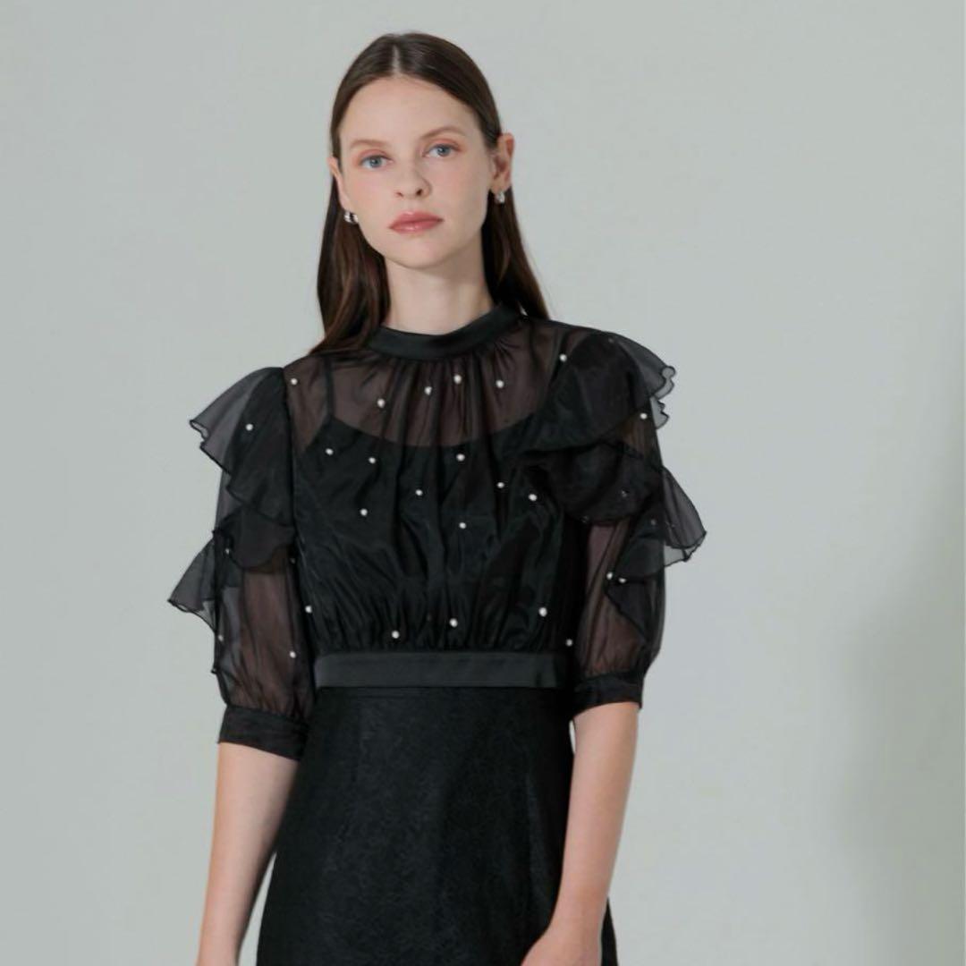 萌*香様 【LEJA】2WAYパール付きシアーレースバックリボンボレロスリットキ