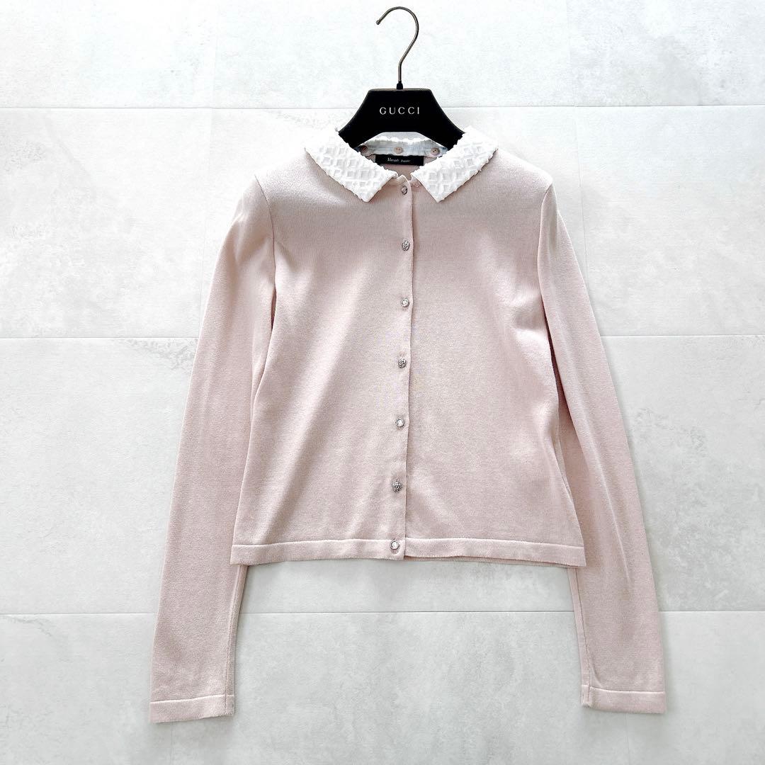 希少✨人気　ルネ　襟付きビジューカメリアボタンカーディガンバイカラーピンク洗える