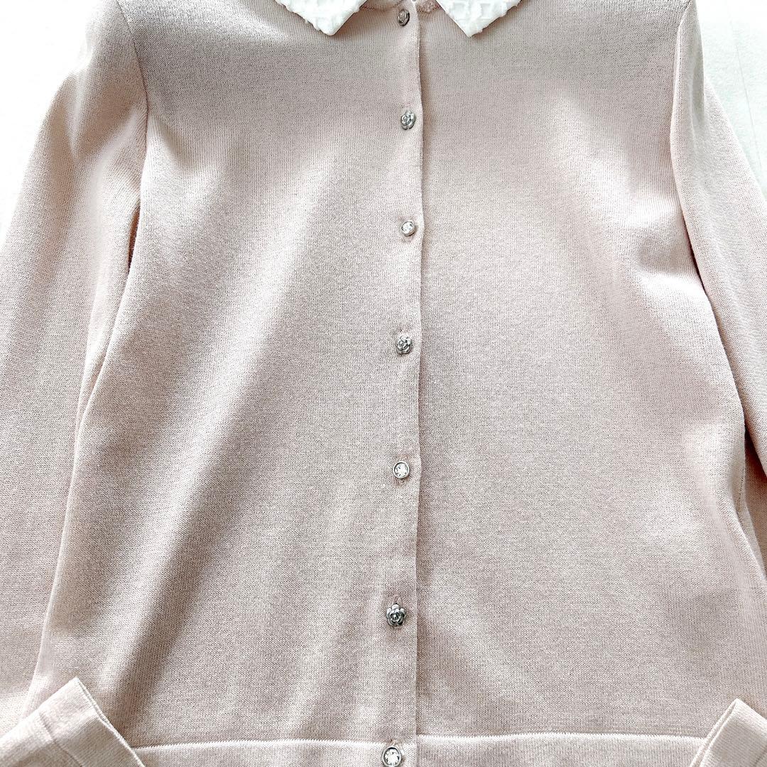 希少✨人気　ルネ　襟付きビジューカメリアボタンカーディガンバイカラーピンク洗える