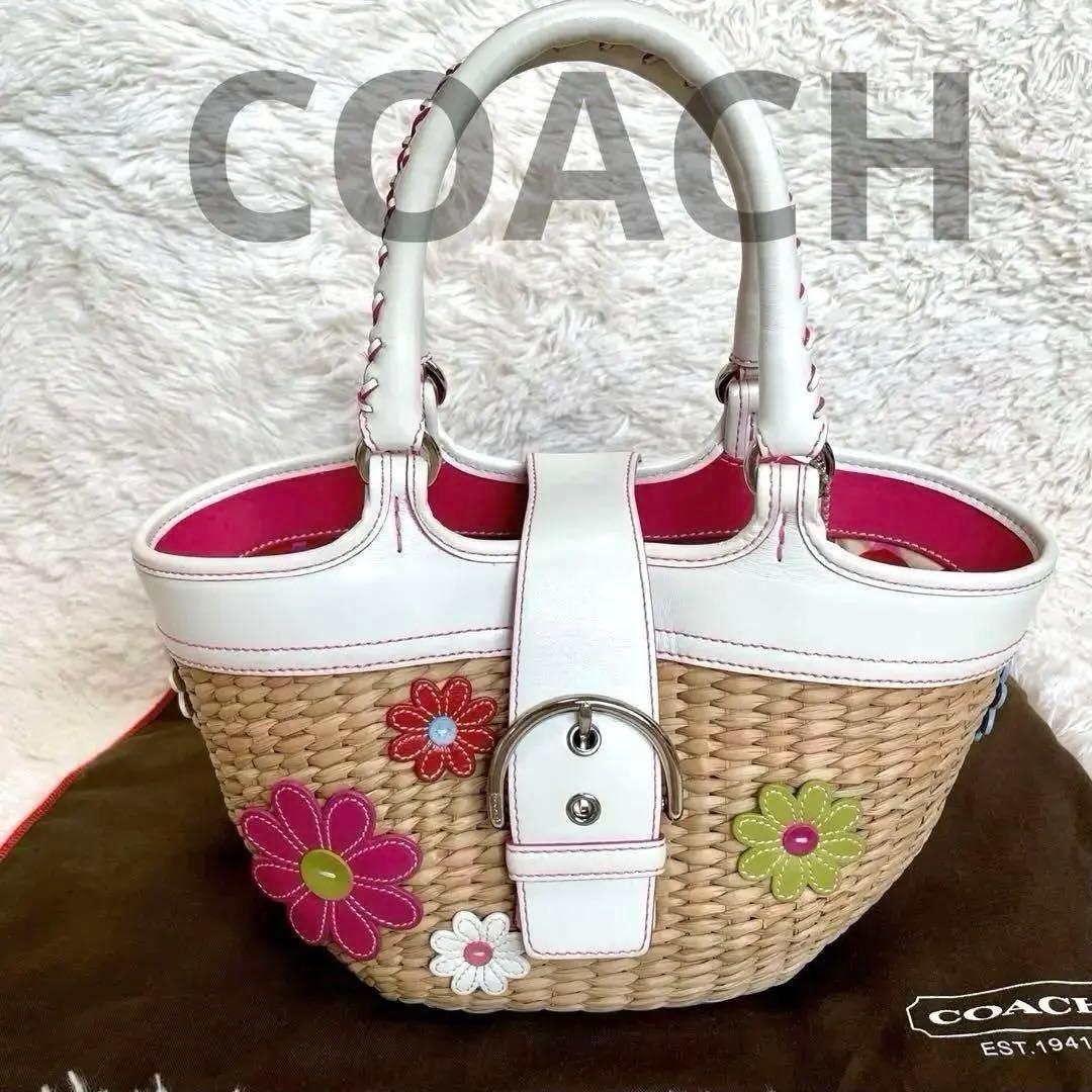 美品✨コーチ　フラワーモチーフ ストローバッグ かごバッグ 花 ソーホー　保存袋
