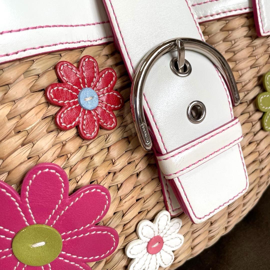 美品✨コーチ　フラワーモチーフ ストローバッグ かごバッグ 花 ソーホー　保存袋