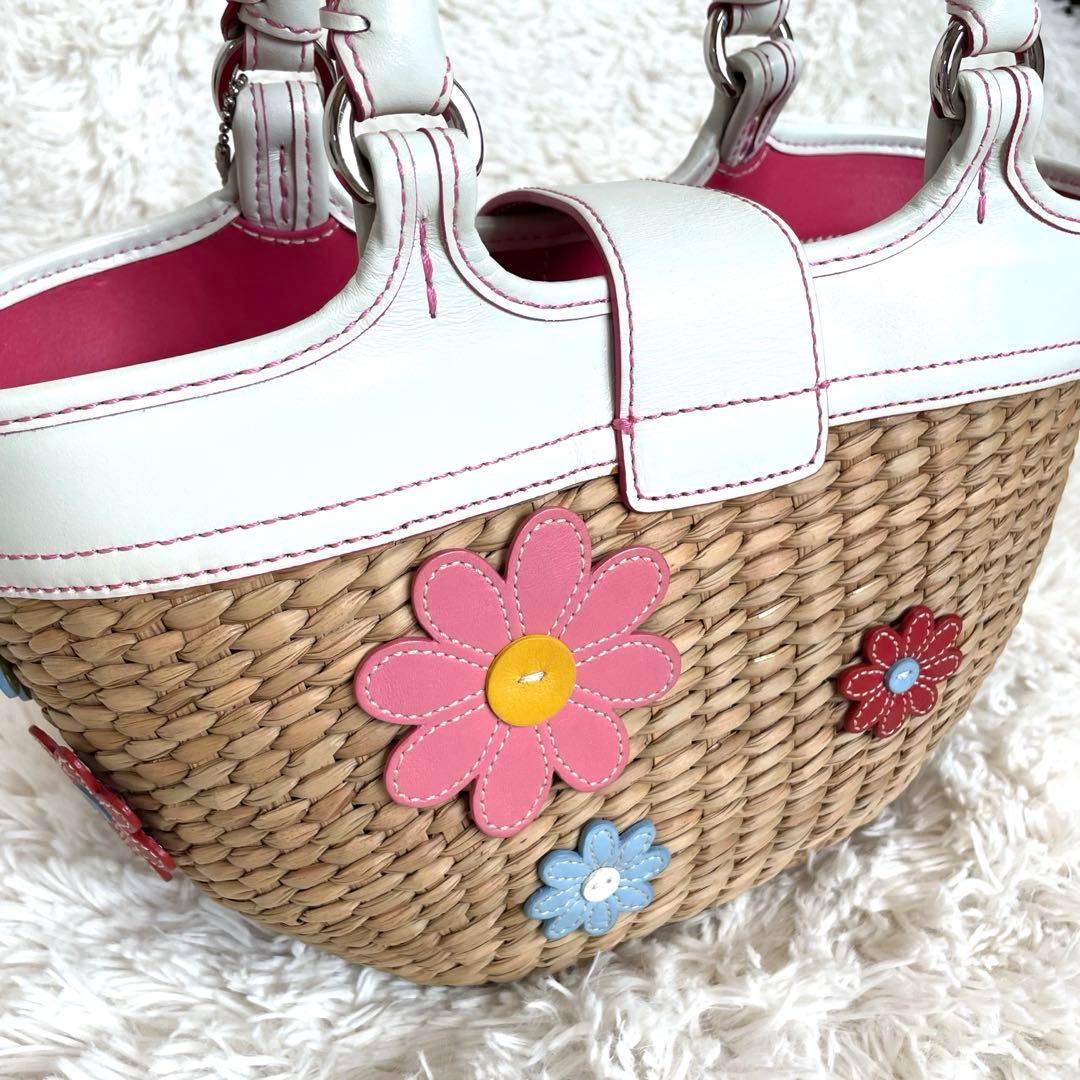 美品✨コーチ　フラワーモチーフ ストローバッグ かごバッグ 花 ソーホー　保存袋