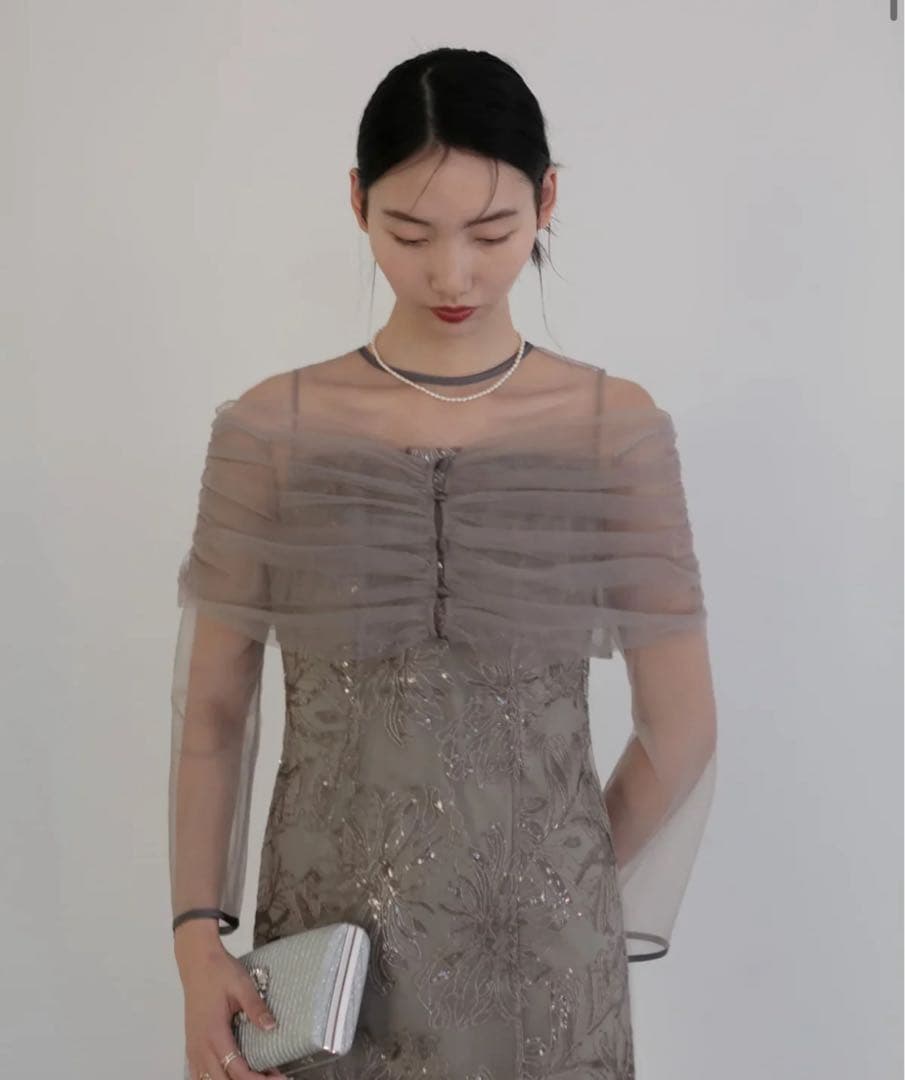 チュールオフショルダー花柄Iラインドレスワンピース