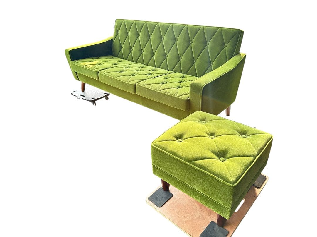 かる　【美品】カリモク ロビーチェア 3シーター モケットグリーン