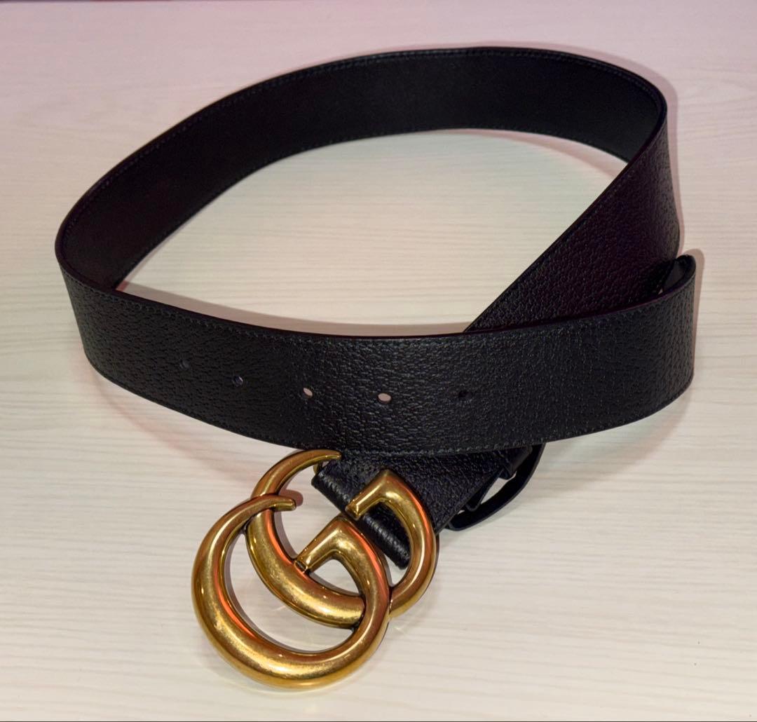 GUCCI グッチ GGマーモント ダブルG ワイドベルト ブラック ロゴ