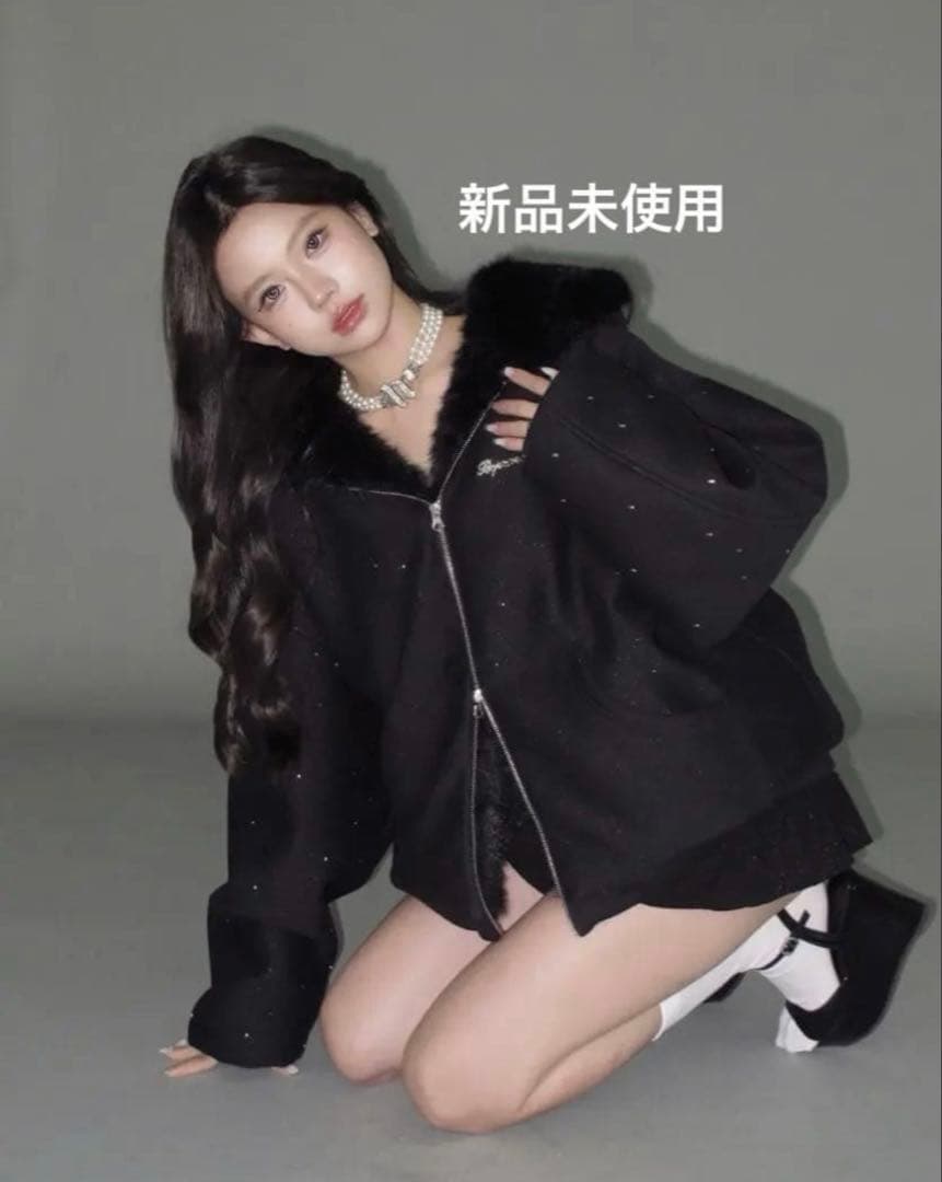 トップス andwang kirakira 2way fur zip up black