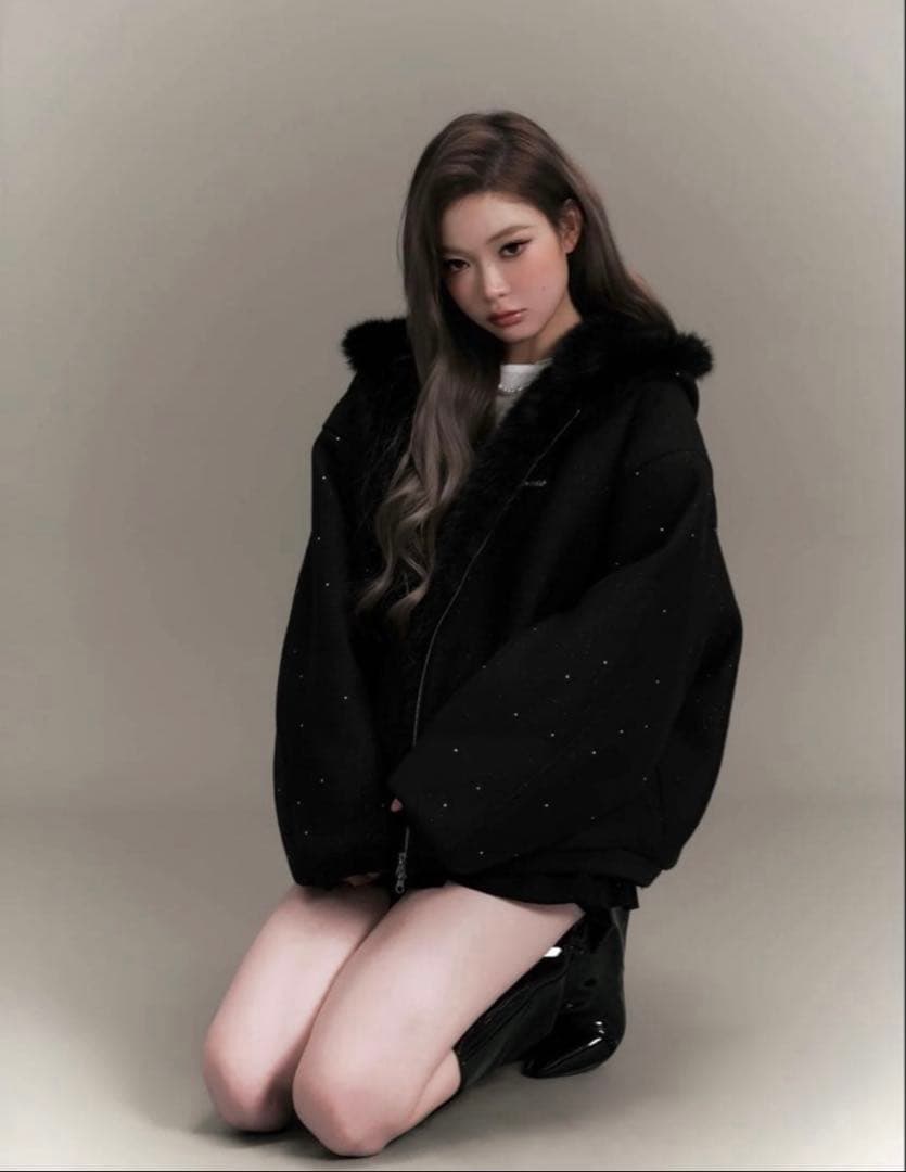 トップス andwang kirakira 2way fur zip up black