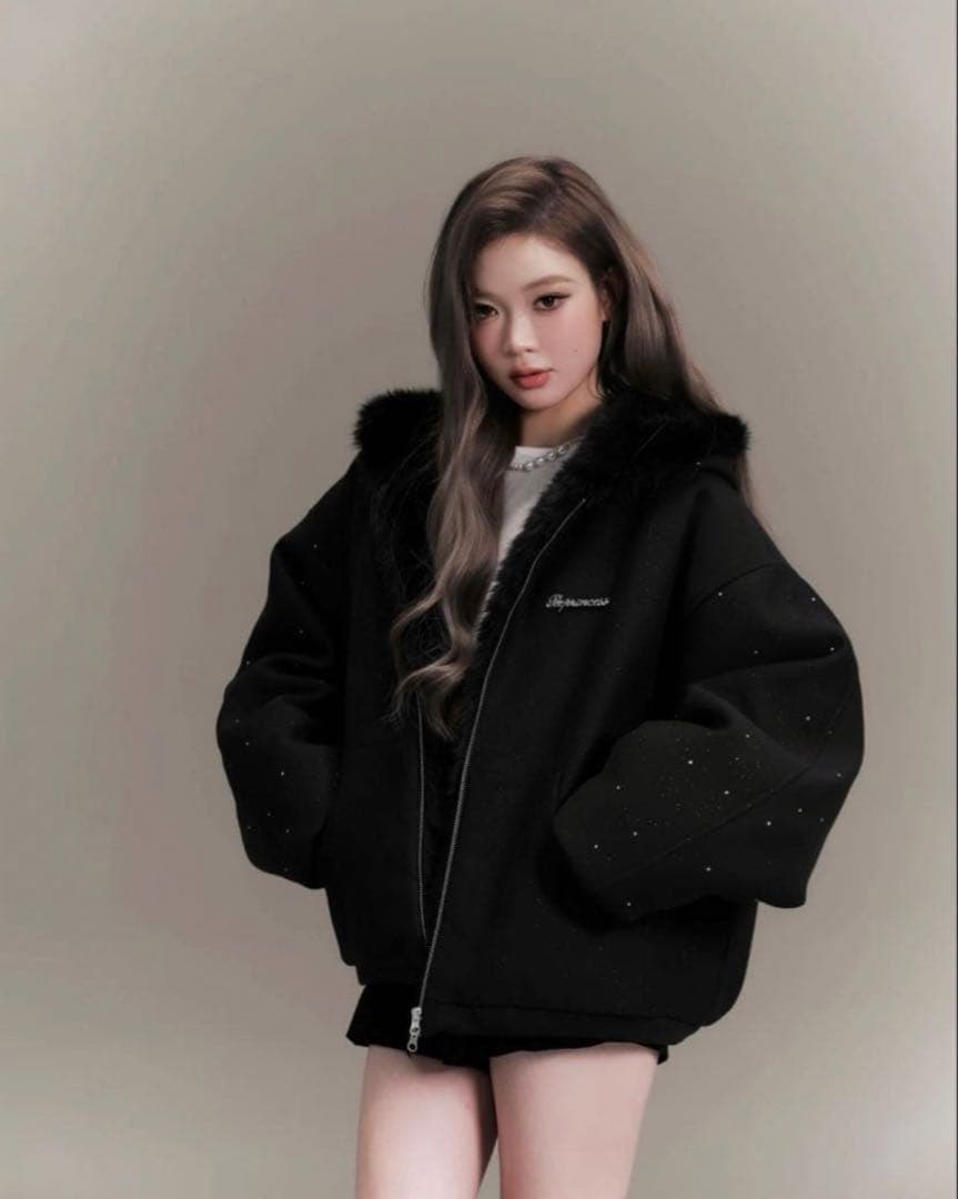 トップス andwang kirakira 2way fur zip up black