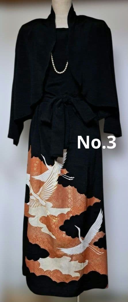 留袖 リメイクボレロ付きロングドレス　鶴と雲模様