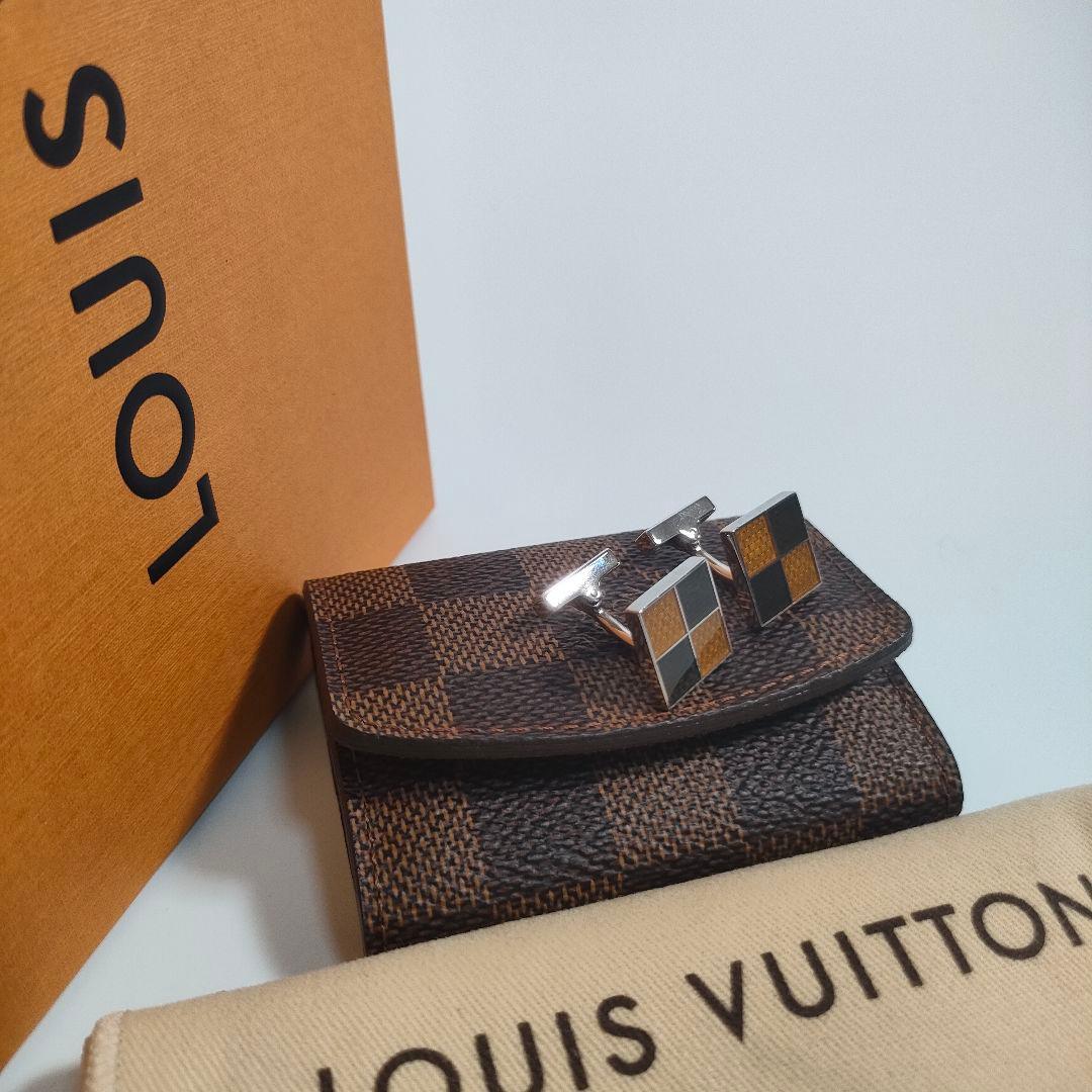 LOUIS VUITTON ダミエ カフリンクス シルバー×ブラウン ケース付き