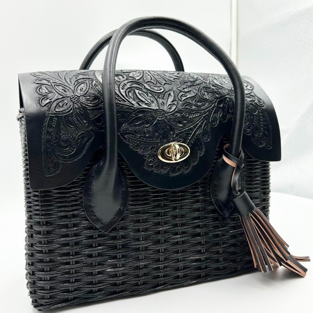 希少✨ カービングトライブス かごバック ラタン 黒 ターンロック タッセル