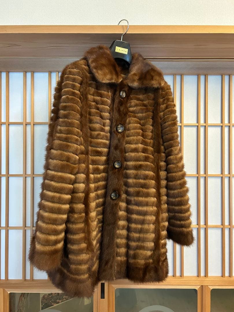 毛皮コート ファーコート リアル ミンク ロング ブラウン ベージュ　M