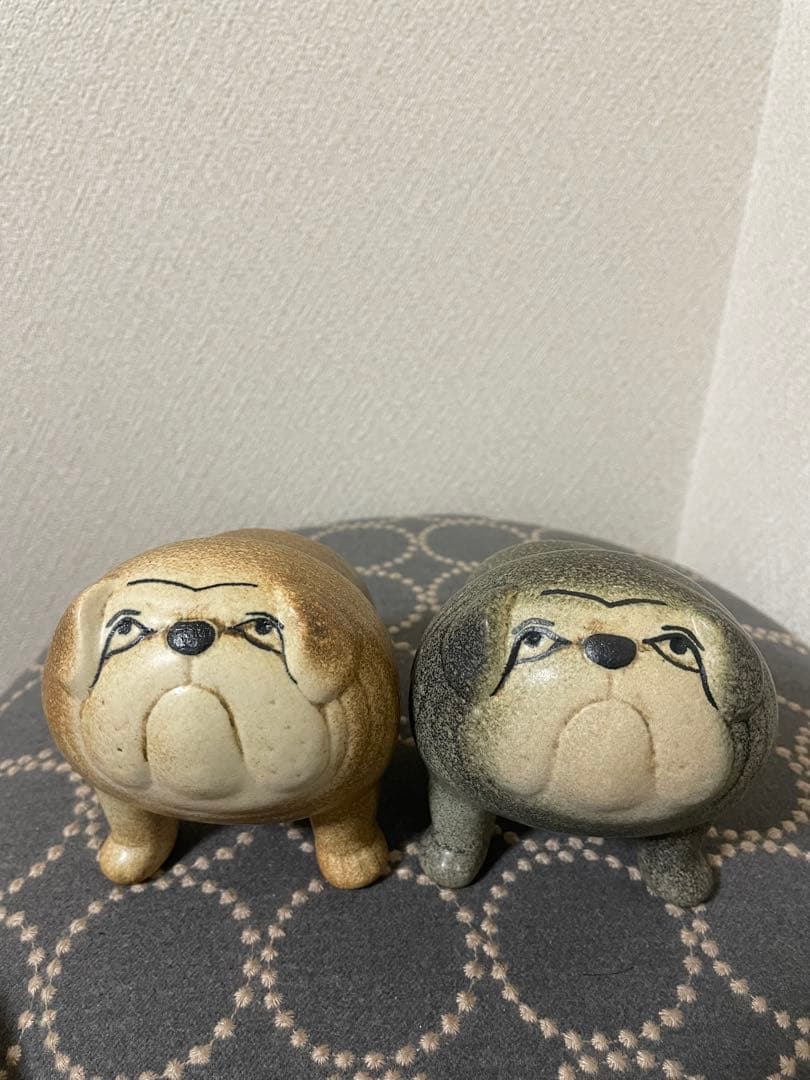 リサラーソン 置物 ケンネル ブルドッグ（中）グレー &ベージュ　2点セット　犬