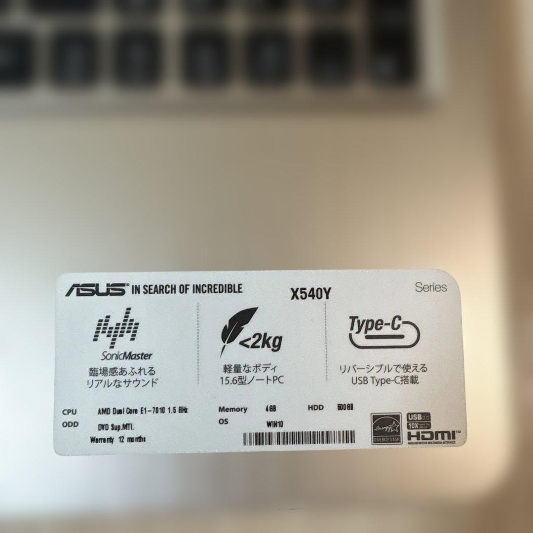 ASUS X540Y ノートPC 15.6インチ
