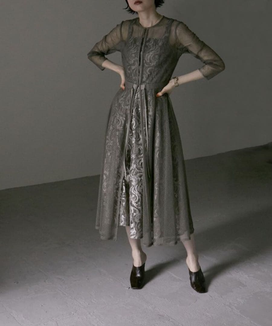 【美品】etoll. 幾何学チュールジャガードレースワンピース チャコール S