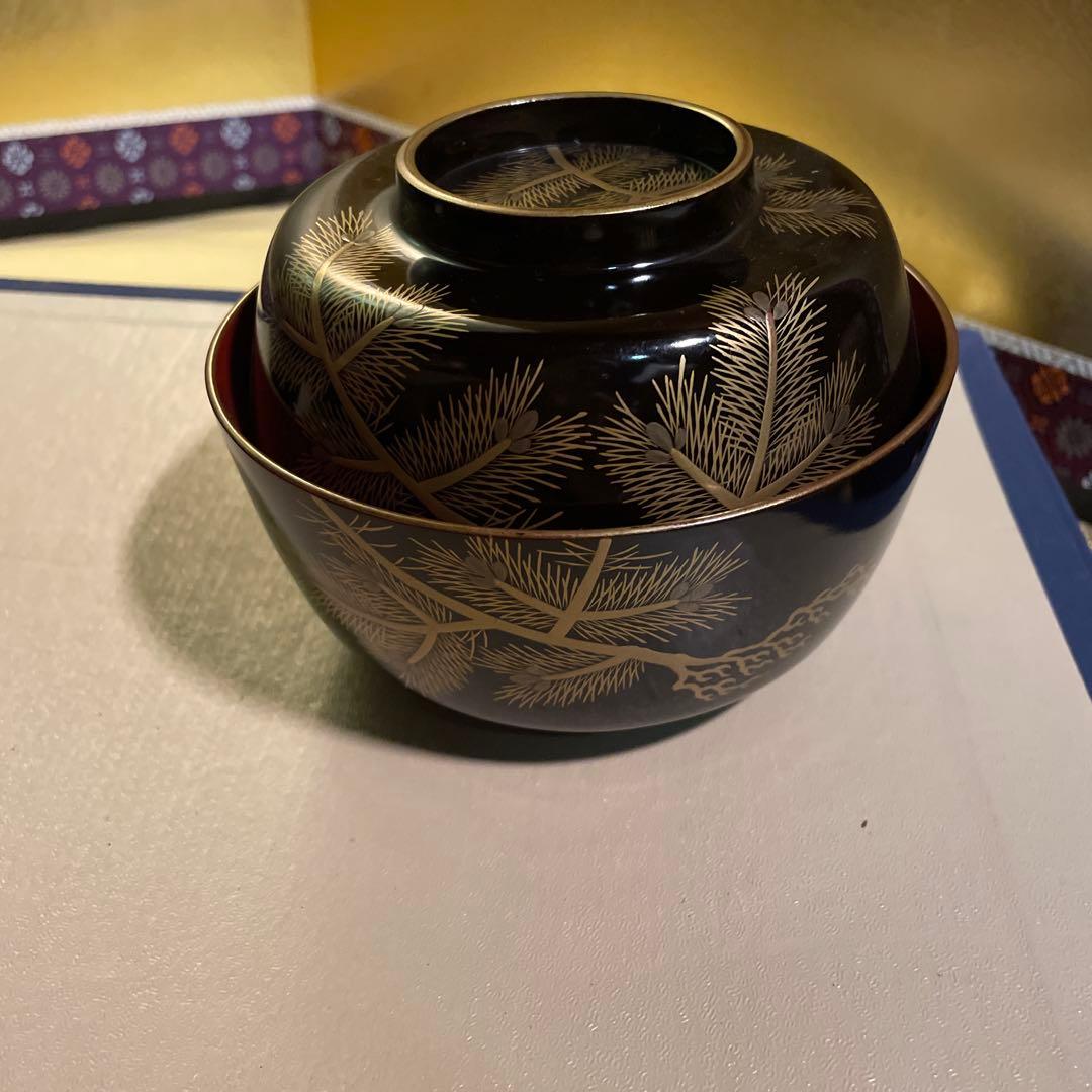 美品　輪島塗 寿松沈金 煮物椀 6客 雑煮椀/大椀/平椀/麺椀/丼椀 漆器