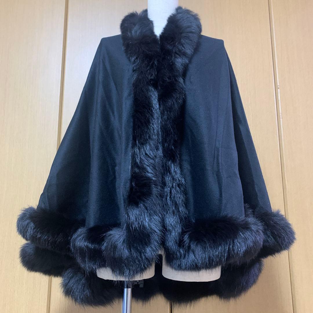 カシミヤ黒 フォックス付き ケープコート
