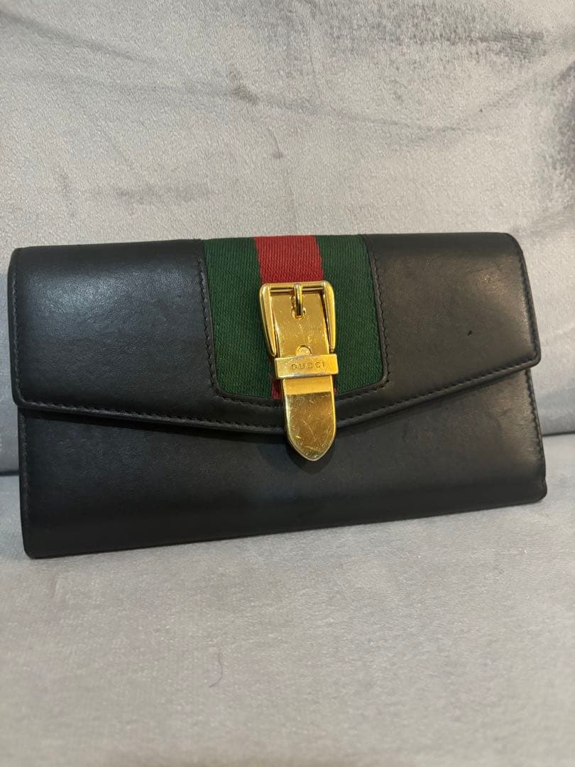 GUCCI グッチ 長財布 シェリーライン ブラック レザー 金具