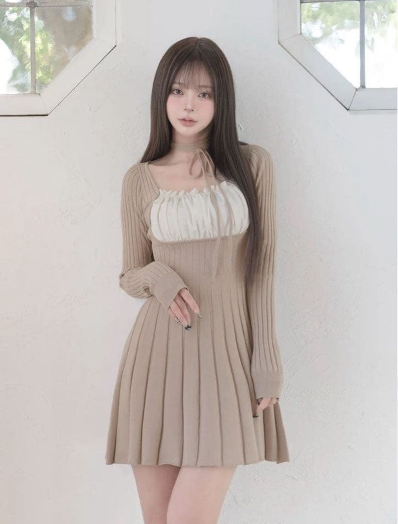 ネックリボンデザイン フレアニットミニワンピースDarich