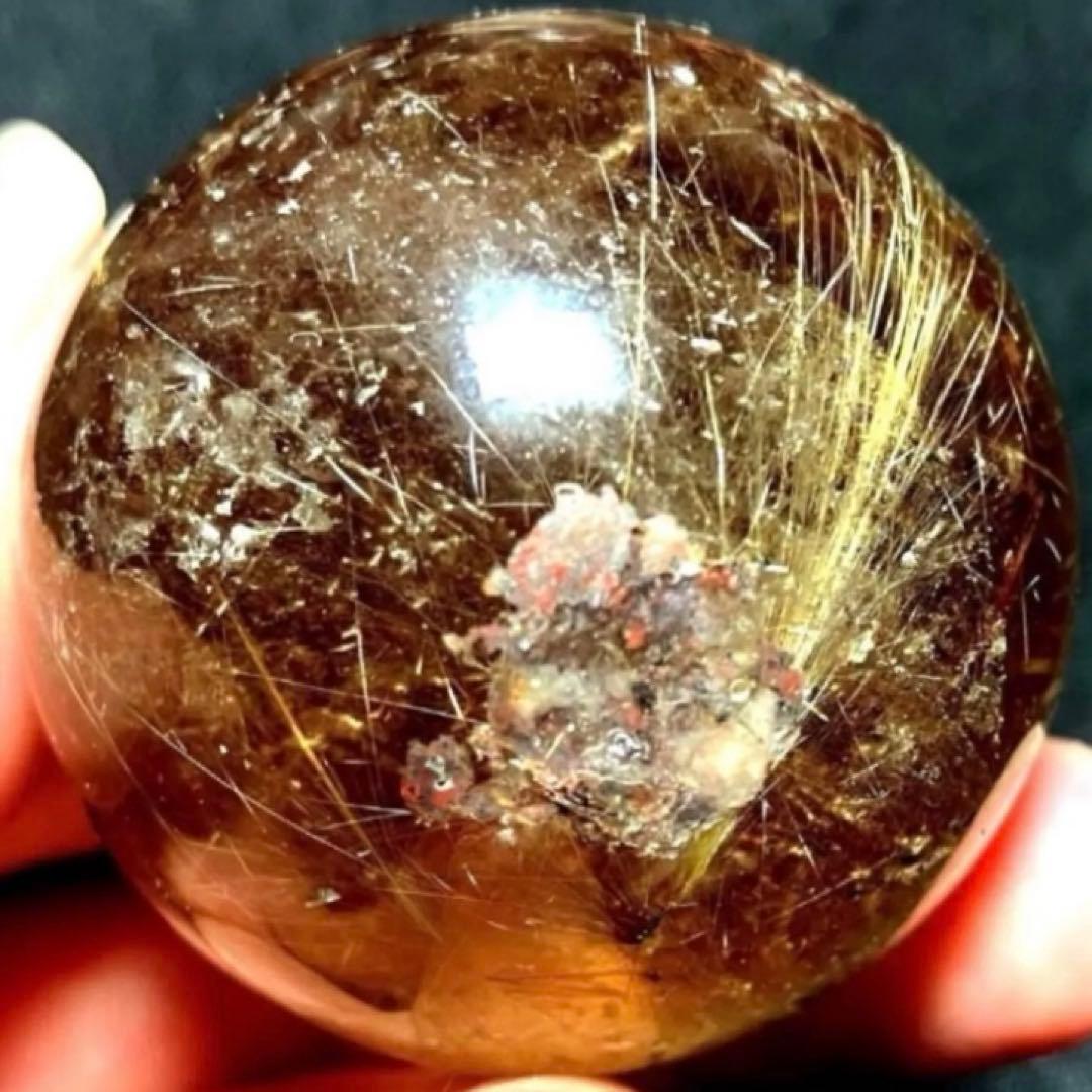 42mm ゴールドルチルクォーツ　丸玉　スフィア　金針水晶