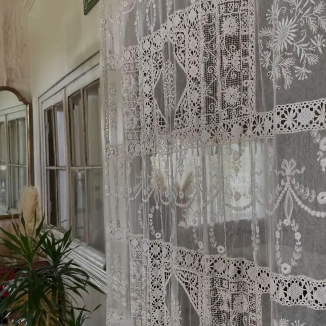フランスアンティーク　リボンモチーフ　チュール　レース　紐付き　カーテン　間仕切