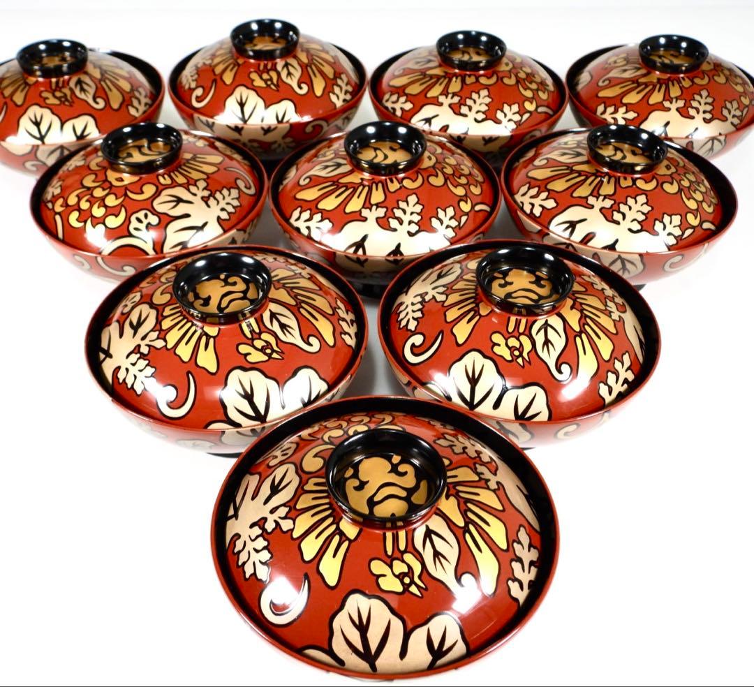 輪島塗 木製漆器 沈金 蓋椀 吸物椀 汁椀 10客　直径13cm