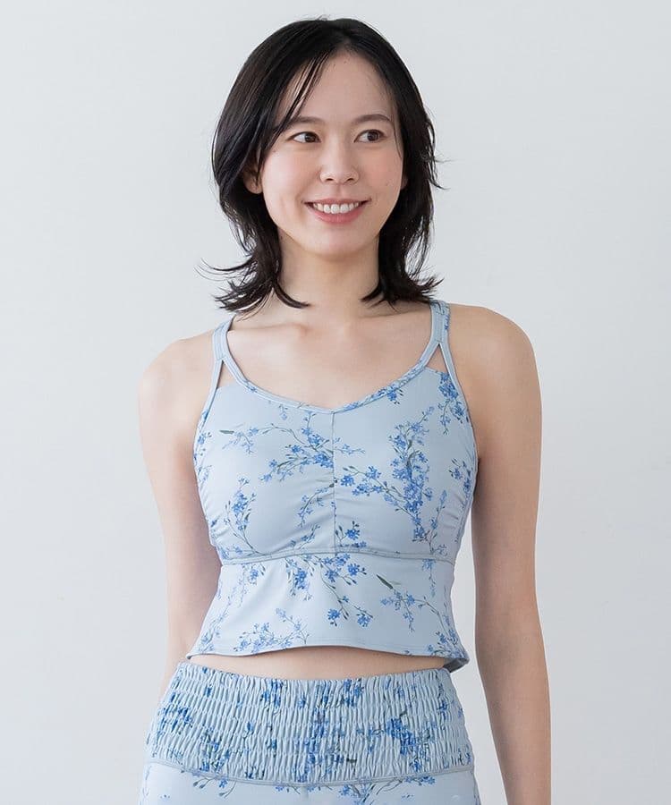 水色花柄クロスストラップヨガウェア