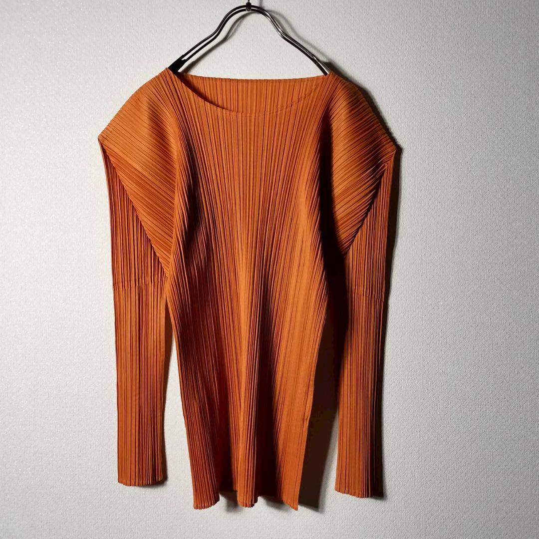 プリーツプリーズ イッセイミヤケ Uネック カットソー 長袖 オレンジ