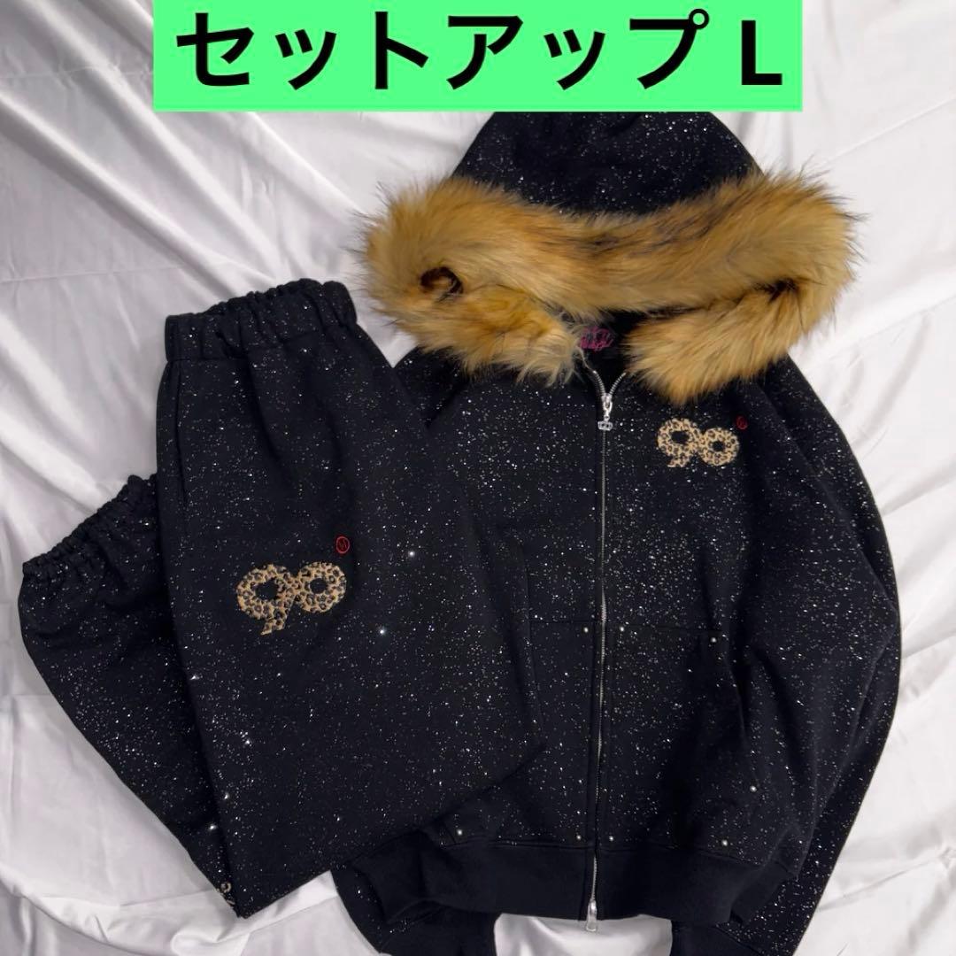9090 girl 90 Logo Glitter Fur zipセットアップL