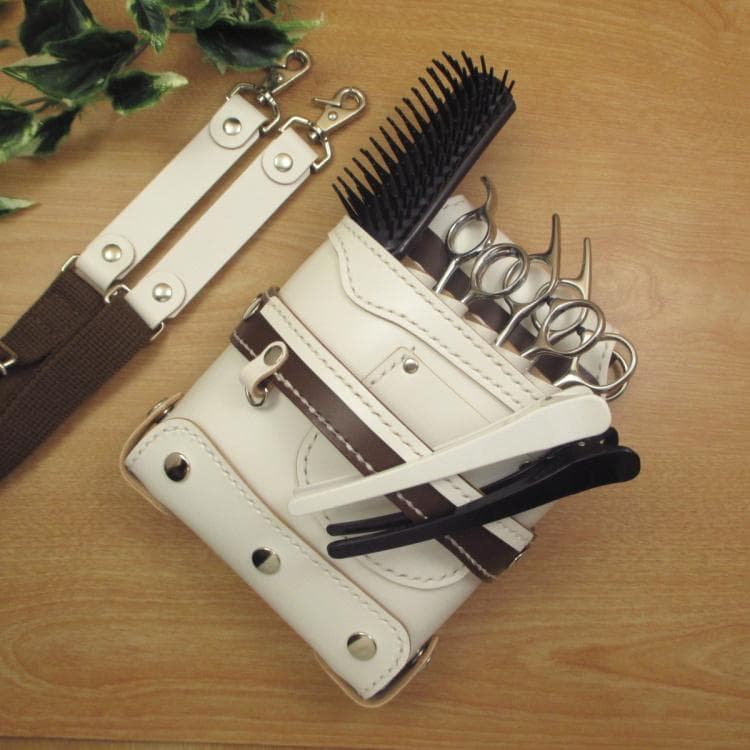 ホワイト＆ブラウン　６丁差し　本革シザーケース　SCA-118/CWA