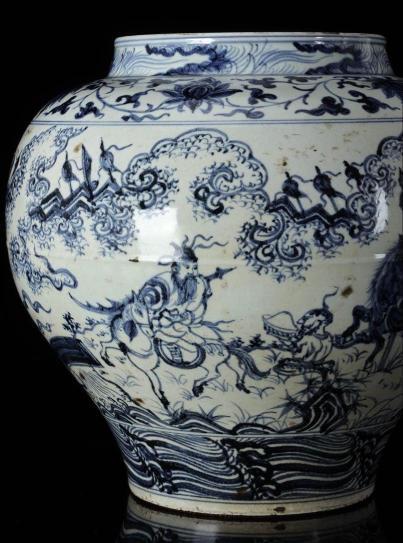 中国古玩 青花 染付 人物騎馬図 大壺30㎝ 飾壺 唐物 時代物 古美術 骨董品