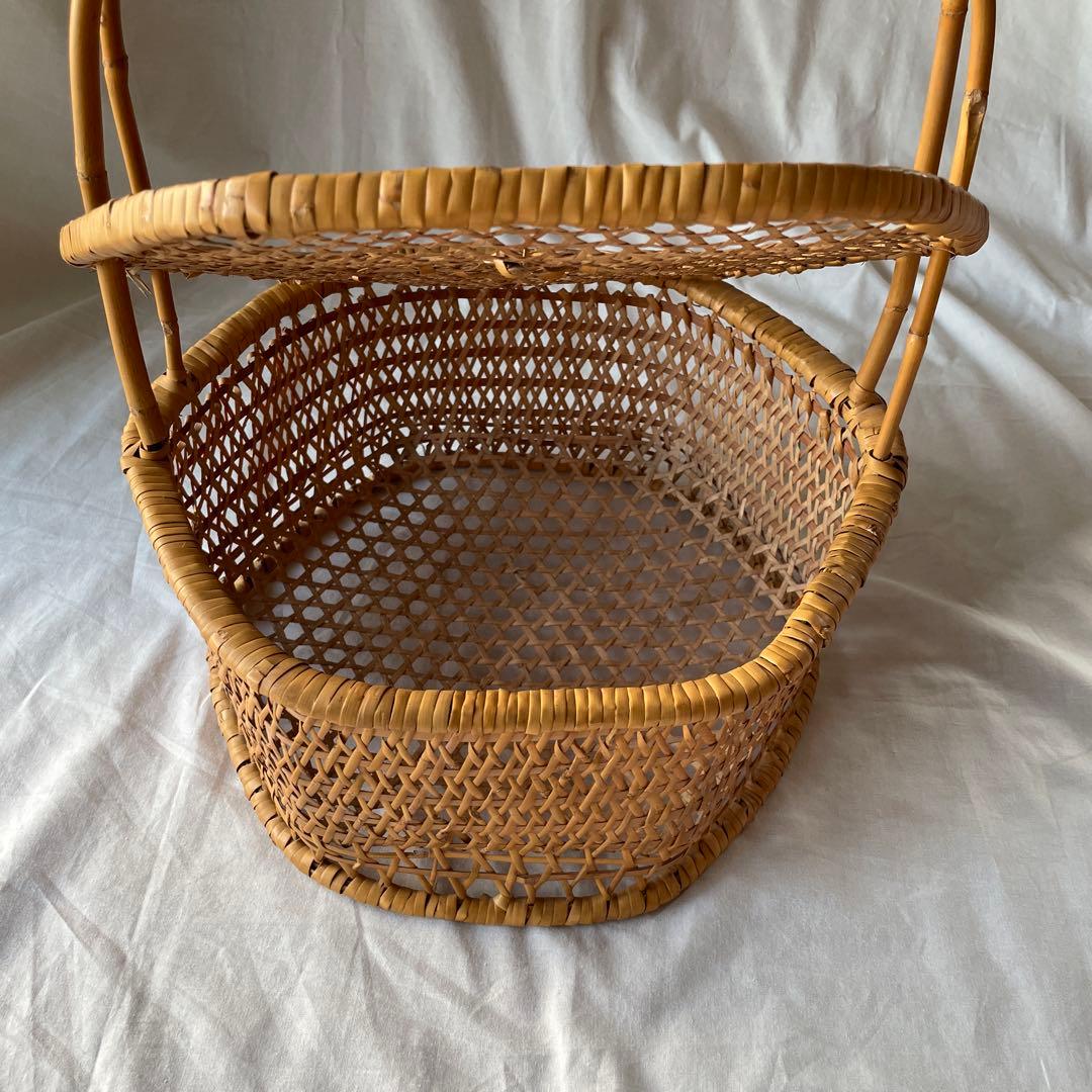 竹かご　竹細工　持ち手つき　蓋つき　古道具