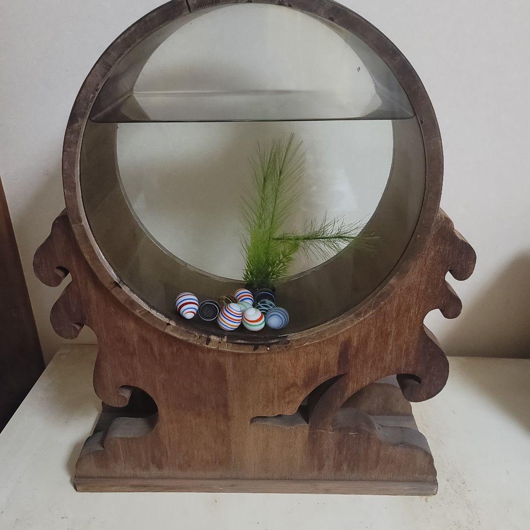 @*ー様 木製 円形金魚鉢 中型 人工水草付き